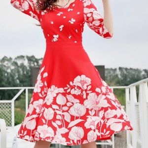 Scallop Neck Fit Red and White Dress